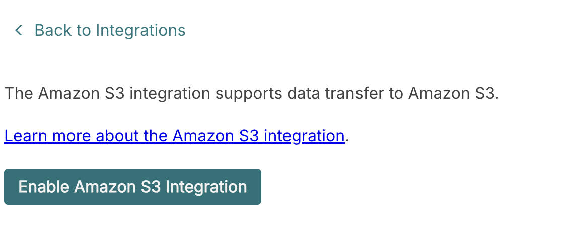 Amazon S3 integration page with the enable button