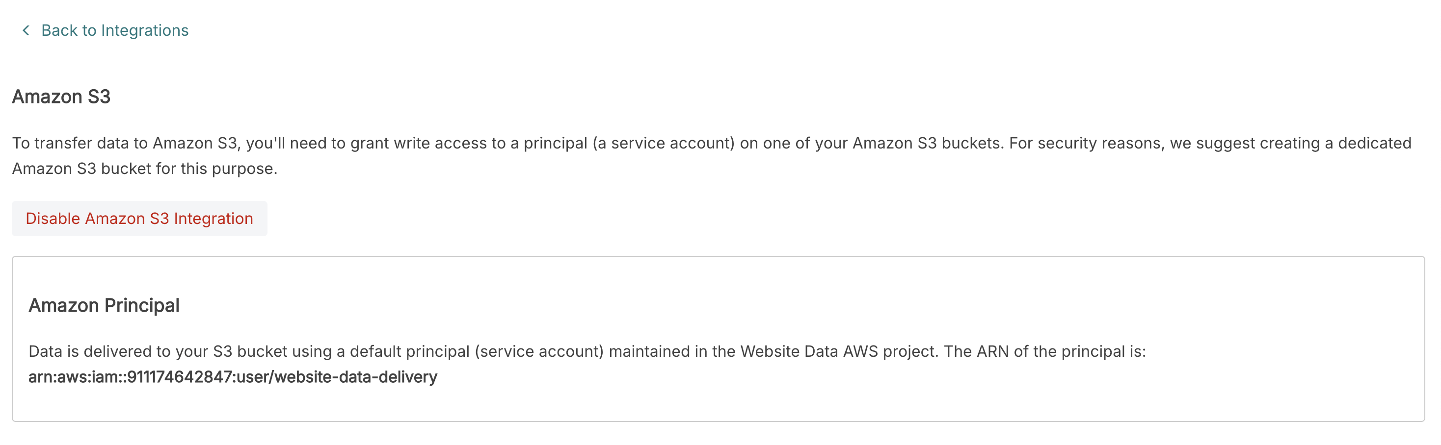 Enabled Amazon S3 integration showing the Amazon principal