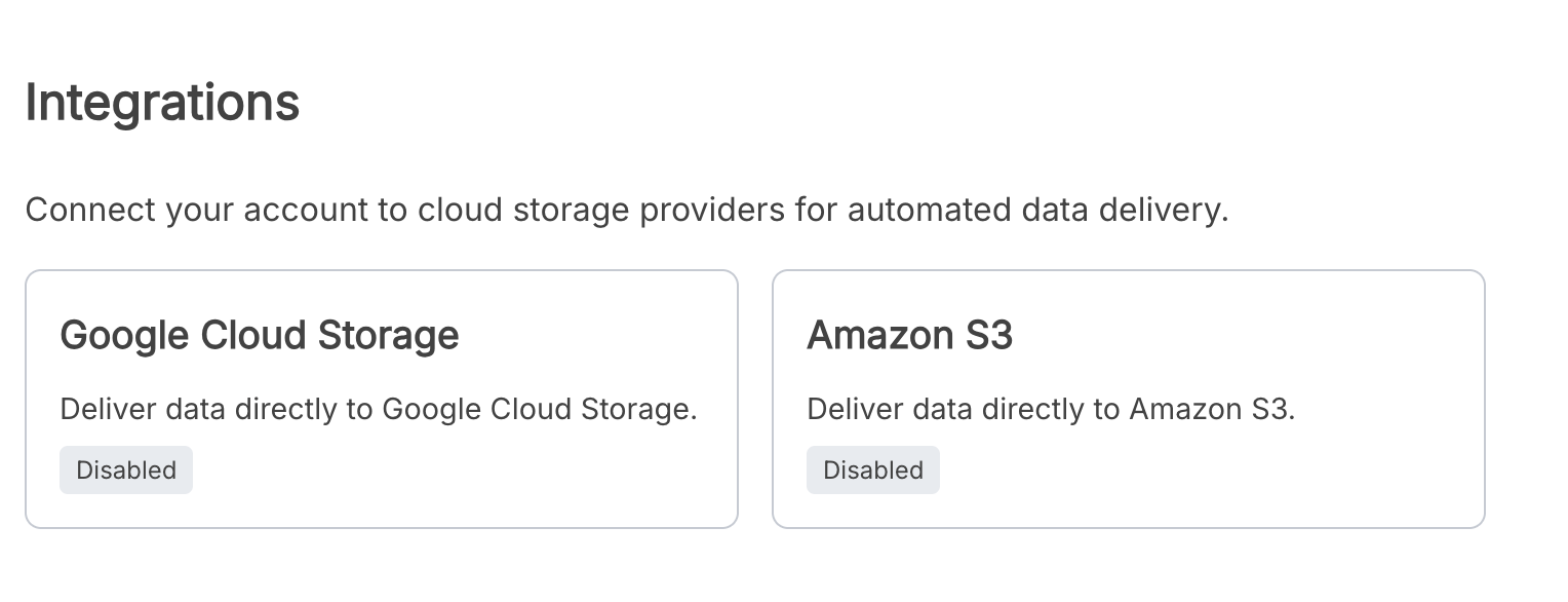 Integrations page showing Amazon S3 disabled