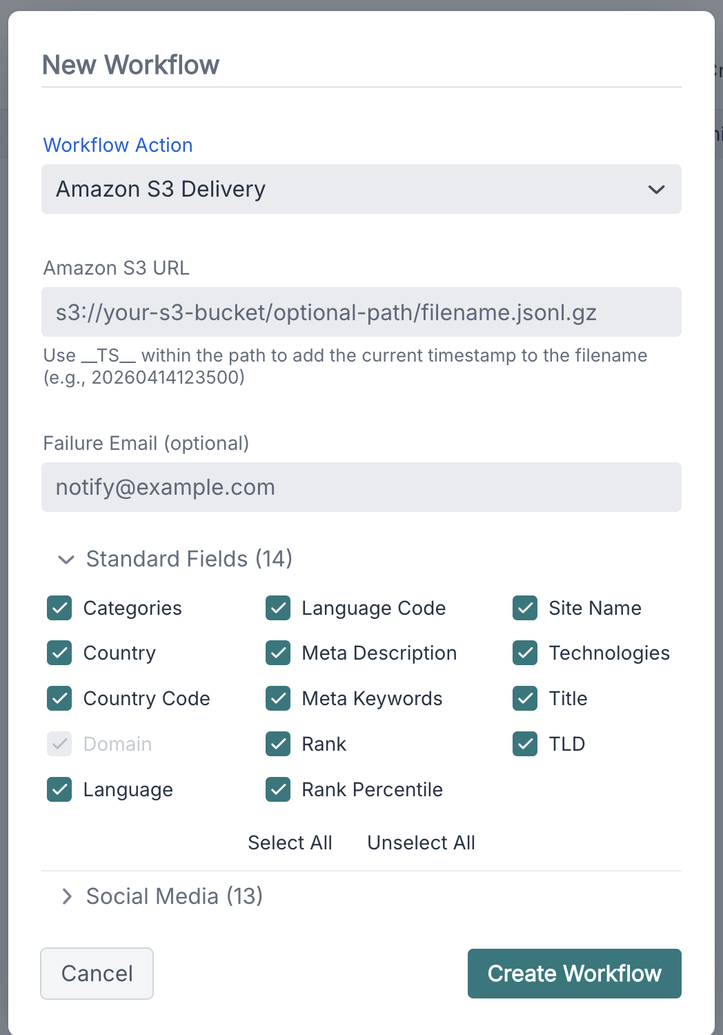 Amazon S3 Delivery workflow action configuration
