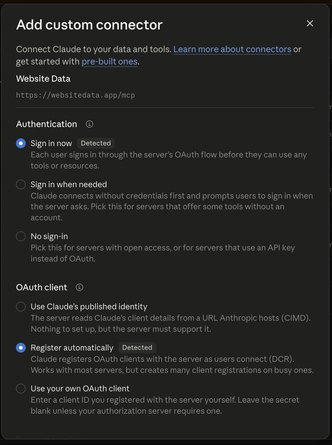 Claude Desktop connector authentication options