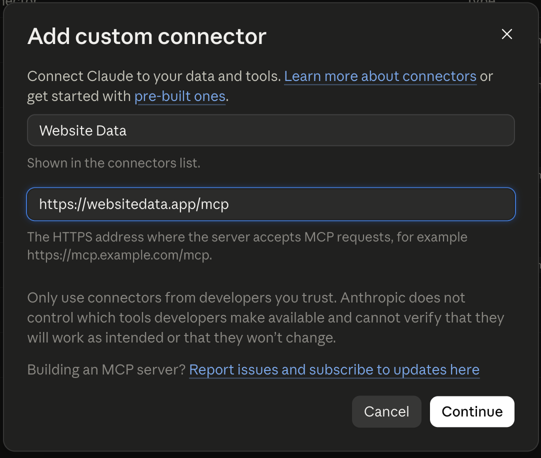 Website Data name and MCP URL in Claude Desktop