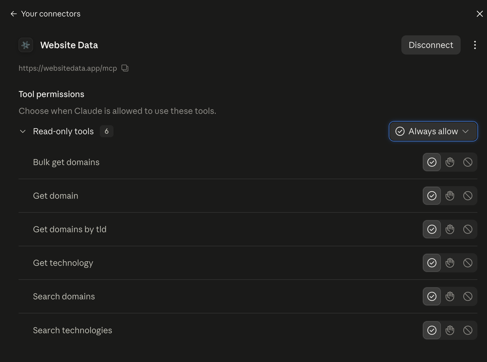 Website Data tool permissions in Claude Desktop