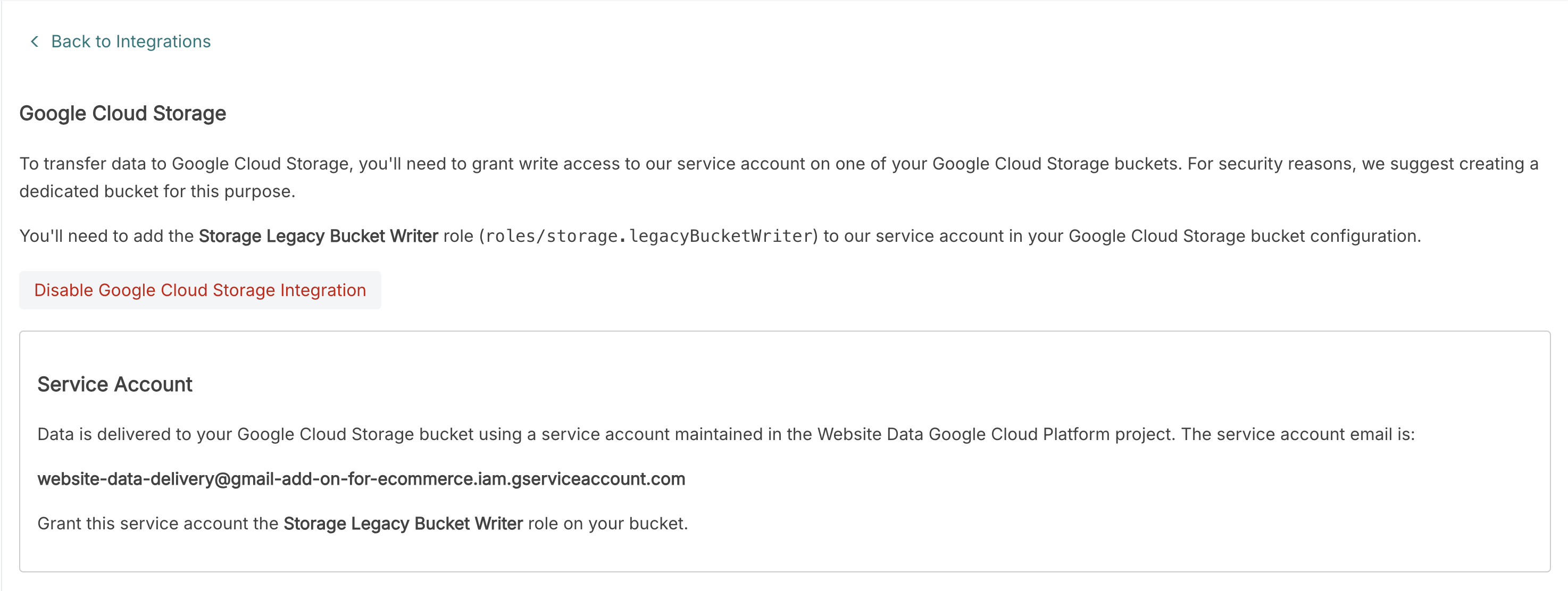 Enabled Google Cloud Storage integration with Website Data service account