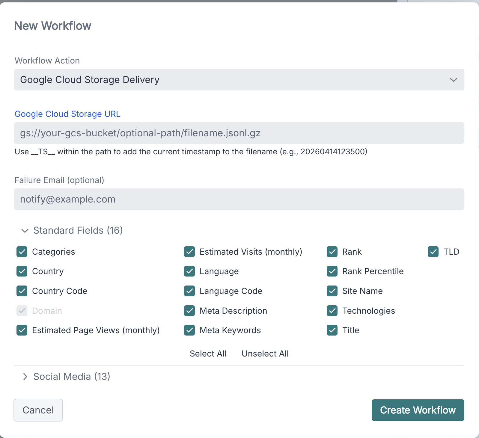 Google Cloud Storage Delivery workflow configuration